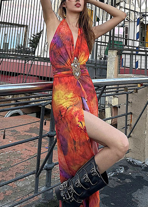 Slim Fit Red V Neck Print Side Open Cotton Dress Sleeveless KK083 SH-LF-SDL240602