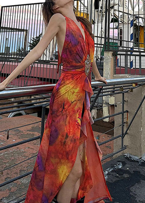 Slim Fit Red V Neck Print Side Open Cotton Dress Sleeveless KK083 SH-LF-SDL240602