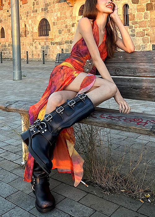 Slim Fit Red V Neck Print Side Open Cotton Dress Sleeveless KK083 SH-LF-SDL240602