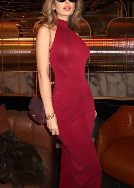 Red Sleeveless Slim Cotton Open Fit Side Dress Wrinkled Long FashionChic