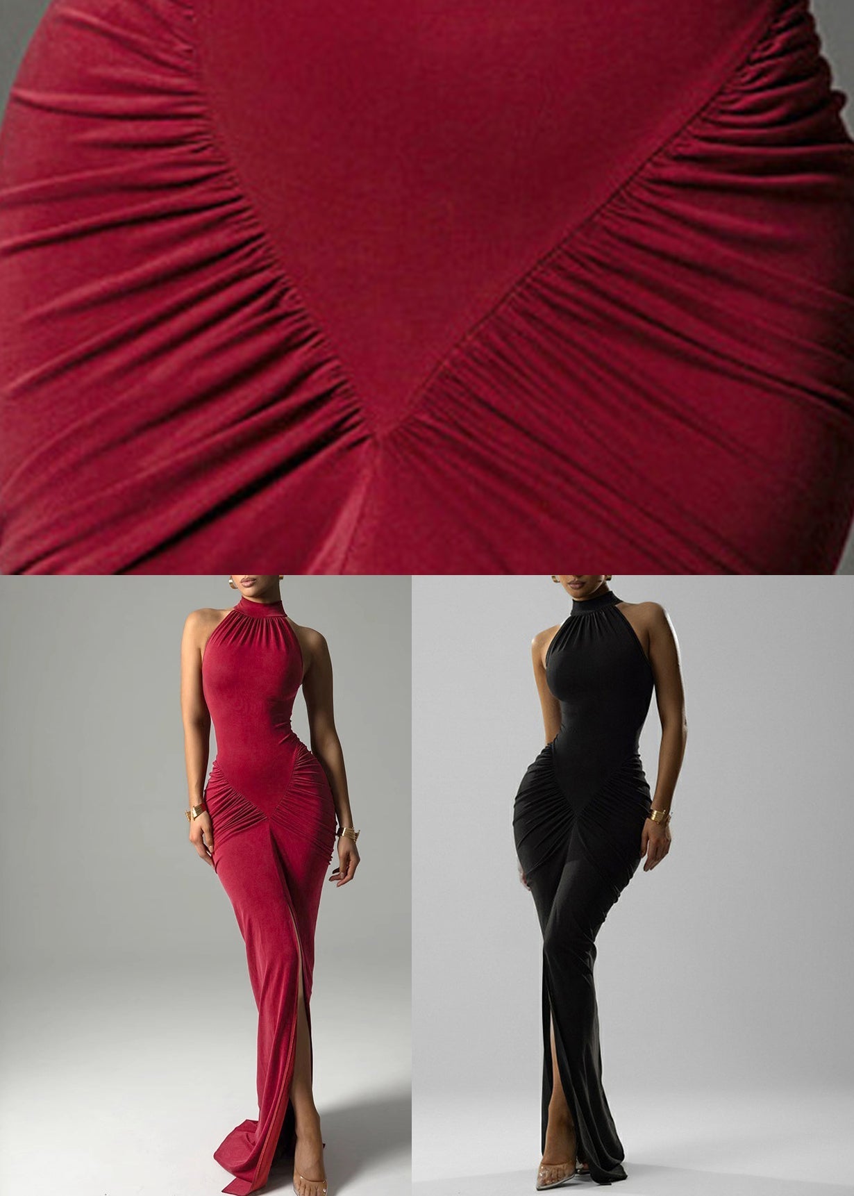 Red Sleeveless Slim Cotton Open Fit Side Dress Wrinkled Long FashionChic