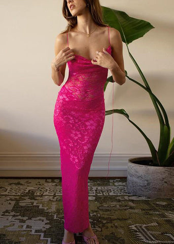 Slim Fit Rose Backless Solid Lace Spaghetti Strap Dress Sleeveless KK019 SH-LF-SDL240602