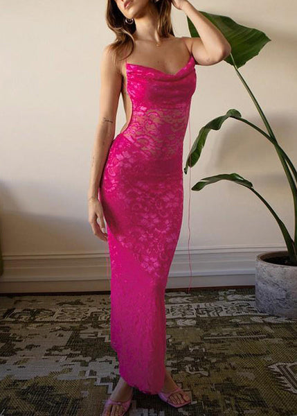 Slim Fit Rose Backless Solid Lace Spaghetti Strap Dress Sleeveless KK019 SH-LF-SDL240602