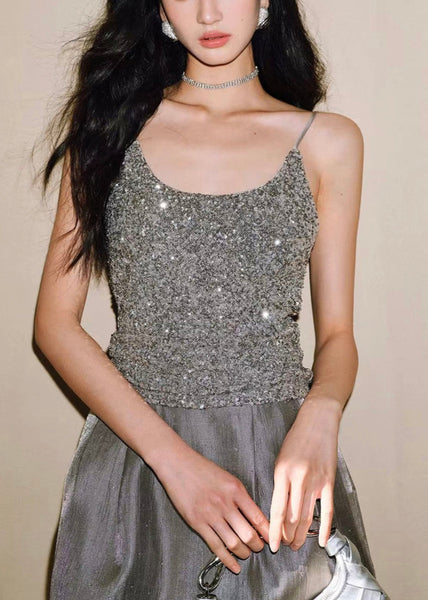 Slim Sleeveless Vest Silver Spaghetti Backless Sequins Fit Strap FashionChic
