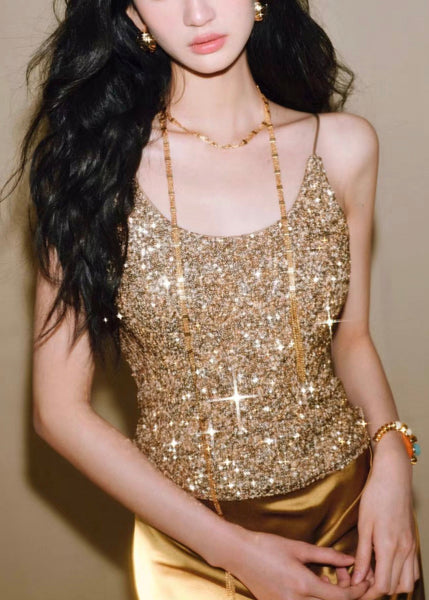 Slim Sleeveless Vest Silver Spaghetti Backless Sequins Fit Strap FashionChic