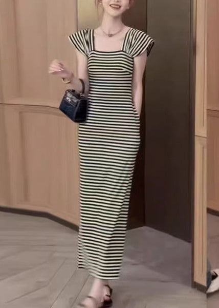 Fit Pockets Dresses Slim Long Square Summer Striped Collar Cotton FashionChic