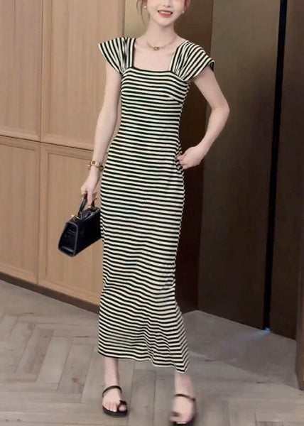Fit Pockets Dresses Slim Long Square Summer Striped Collar Cotton FashionChic