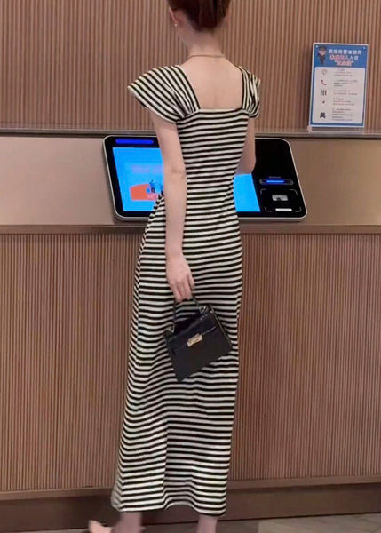 Fit Pockets Dresses Slim Long Square Summer Striped Collar Cotton FashionChic