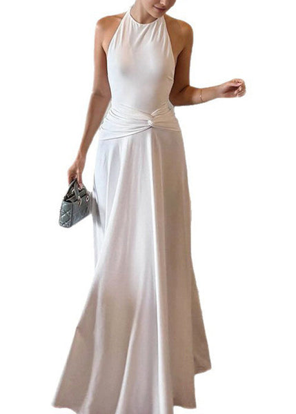 White Sleeveless Backless Ankle Slim Fit Cotton Dress FashionChic
