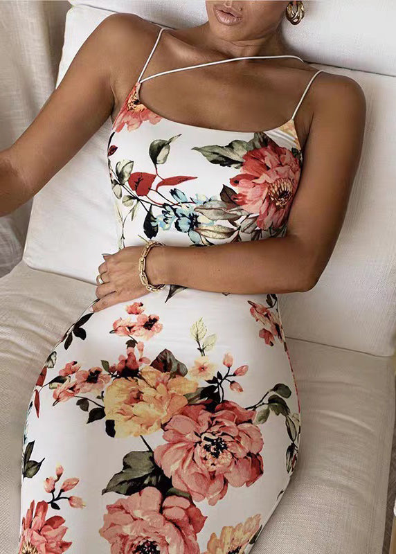 Dress White Slim Cold Shoulder Cotton Strap Spaghetti Print Fit FashionChic