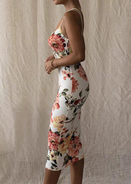 Dress White Slim Cold Shoulder Cotton Strap Spaghetti Print Fit FashionChic