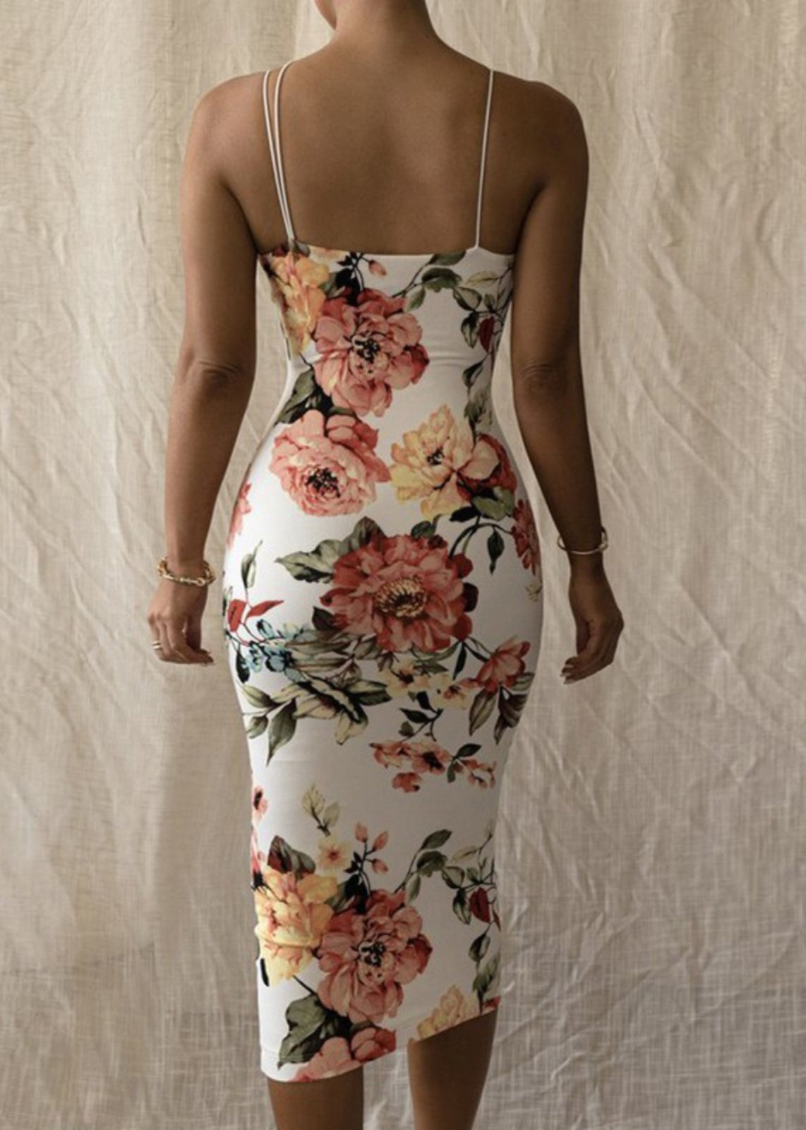 Dress White Slim Cold Shoulder Cotton Strap Spaghetti Print Fit FashionChic