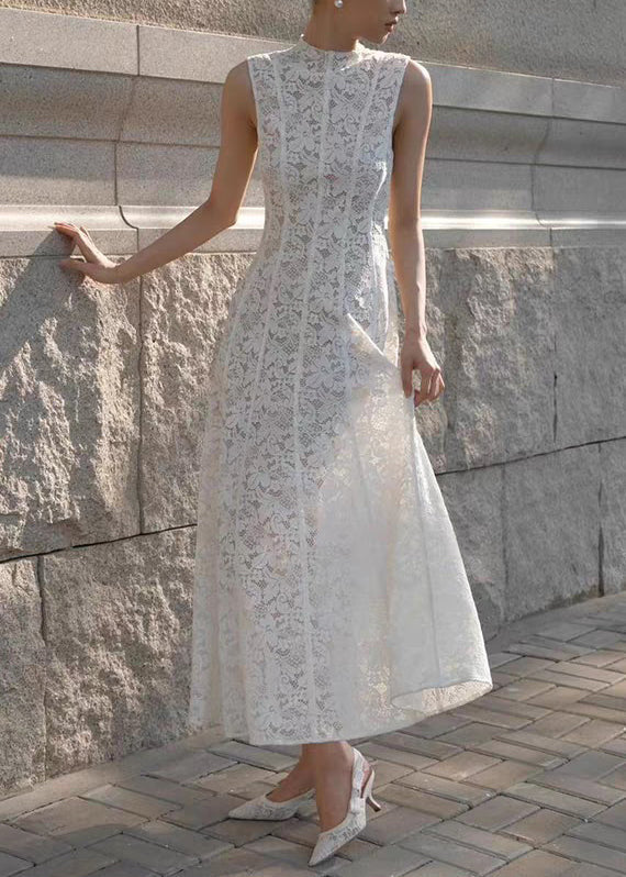 Dress High Lace Waist Fit Long White Sleeveless Slim Solid FashionChic