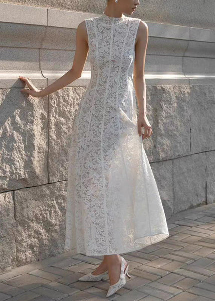Dress High Lace Waist Fit Long White Sleeveless Slim Solid FashionChic