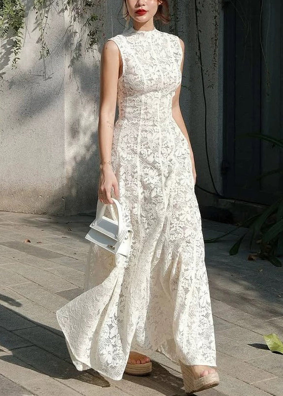 Dress High Lace Waist Fit Long White Sleeveless Slim Solid FashionChic