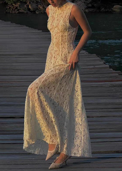 Dress High Lace Waist Fit Long White Sleeveless Slim Solid FashionChic