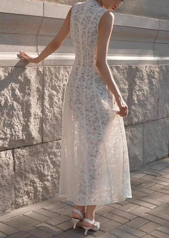 Dress High Lace Waist Fit Long White Sleeveless Slim Solid FashionChic