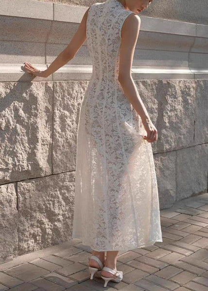 Dress High Lace Waist Fit Long White Sleeveless Slim Solid FashionChic