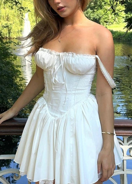 Slim Fit White Lace Solid Cotton Mid Dress Sleeveless YZ035 ABC