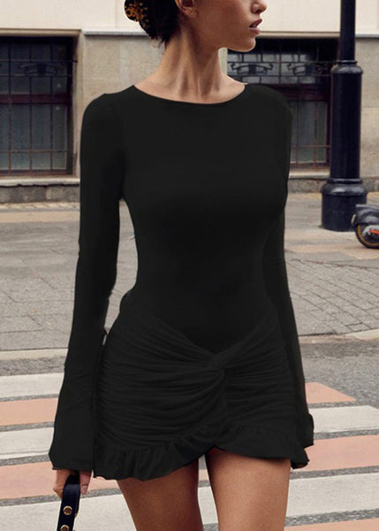 Cotton Fall Wrinkled Dress White Patchwork Mid O-Neck Fit Slim FashionChic