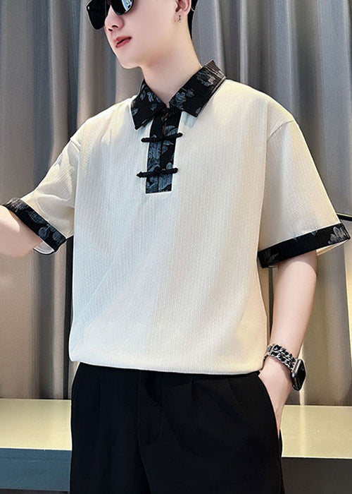 White Cotton Button Print Slim Shirts Patchwork Men Polo Fit FashionChic