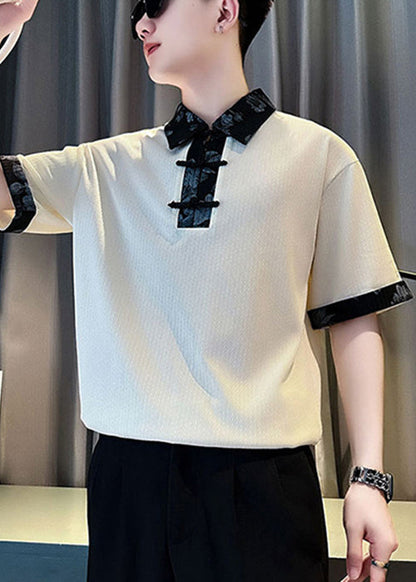 White Cotton Button Print Slim Shirts Patchwork Men Polo Fit FashionChic
