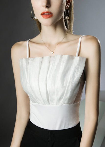 Slim Fit White Solid Patchwork Cotton Spaghetti Strap Tank Sleeveless KK014 SH-LF-VTP240602