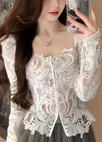 Lace Slim Out Fall Collar Fit Hollow Square White Shirt FashionChic