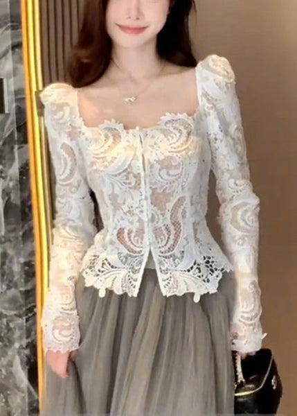 Lace Slim Out Fall Collar Fit Hollow Square White Shirt FashionChic