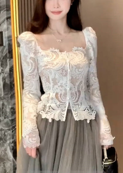 Lace Slim Out Fall Collar Fit Hollow Square White Shirt FashionChic