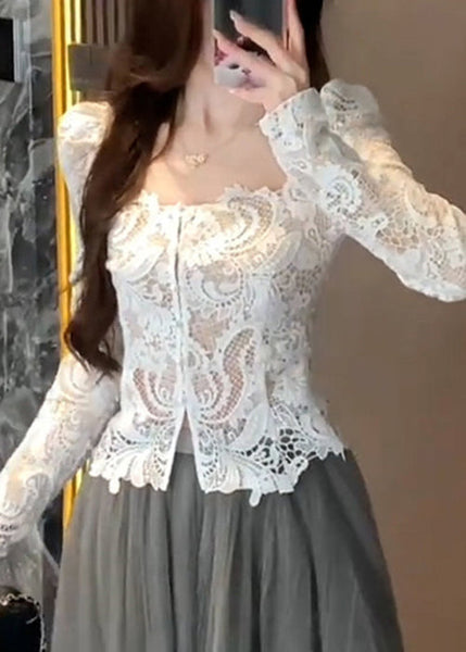 Lace Slim Out Fall Collar Fit Hollow Square White Shirt FashionChic