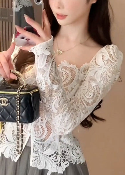 Lace Slim Out Fall Collar Fit Hollow Square White Shirt FashionChic