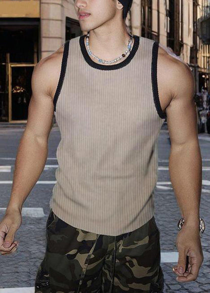 Sleeveless Fit Patchwork Striped White Cotton Tank Slim Men Solid FashionChic