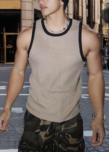 Sleeveless Fit Patchwork Striped White Cotton Tank Slim Men Solid FashionChic