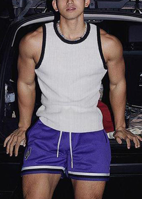 Sleeveless Fit Patchwork Striped White Cotton Tank Slim Men Solid FashionChic