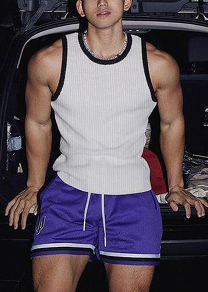 Sleeveless Fit Patchwork Striped White Cotton Tank Slim Men Solid FashionChic