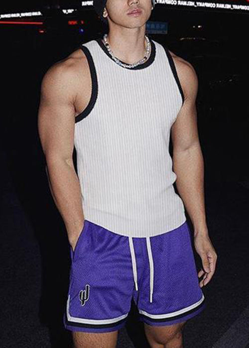 Sleeveless Fit Patchwork Striped White Cotton Tank Slim Men Solid FashionChic