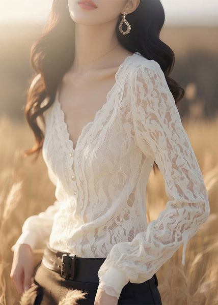 Neck Button White Blouses Fit Slim V Lace Fall Solid FashionChic