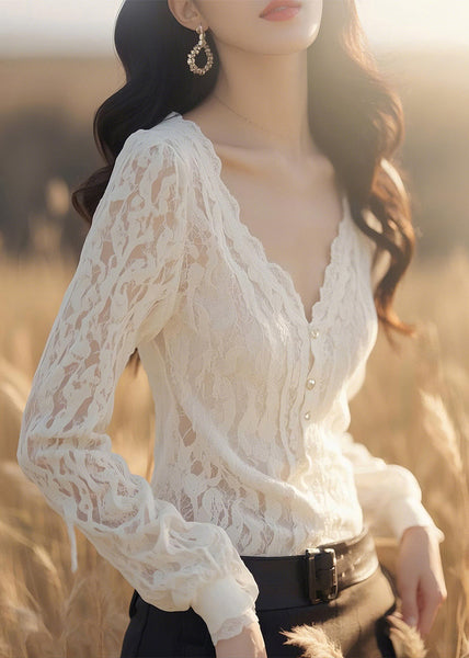 Neck Button White Blouses Fit Slim V Lace Fall Solid FashionChic