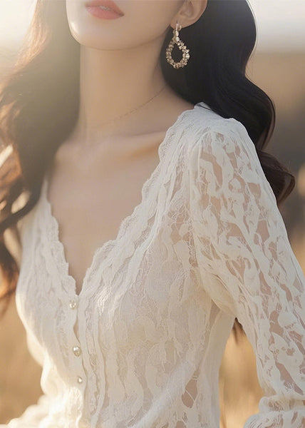 Neck Button White Blouses Fit Slim V Lace Fall Solid FashionChic