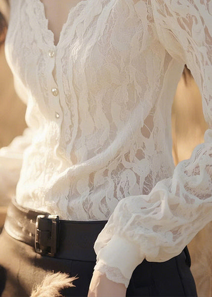 Neck Button White Blouses Fit Slim V Lace Fall Solid FashionChic