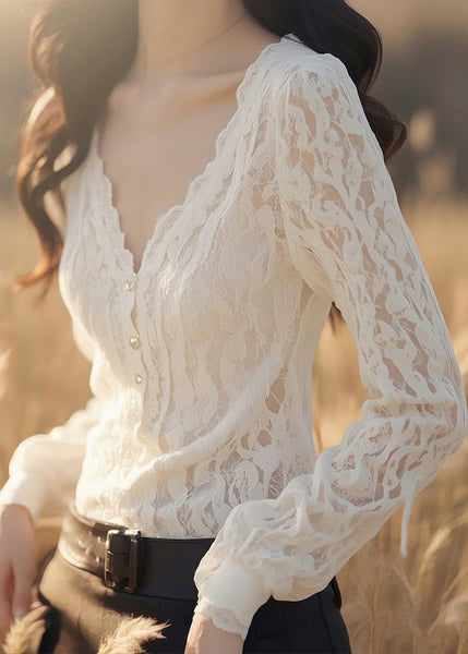 Neck Button White Blouses Fit Slim V Lace Fall Solid FashionChic