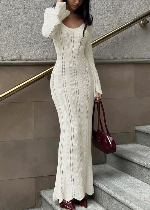 White Dress Spring V Knit Neck Hollow Slim Out Long Fit FashionChic