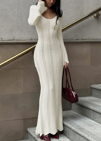 White Dress Spring V Knit Neck Hollow Slim Out Long Fit FashionChic