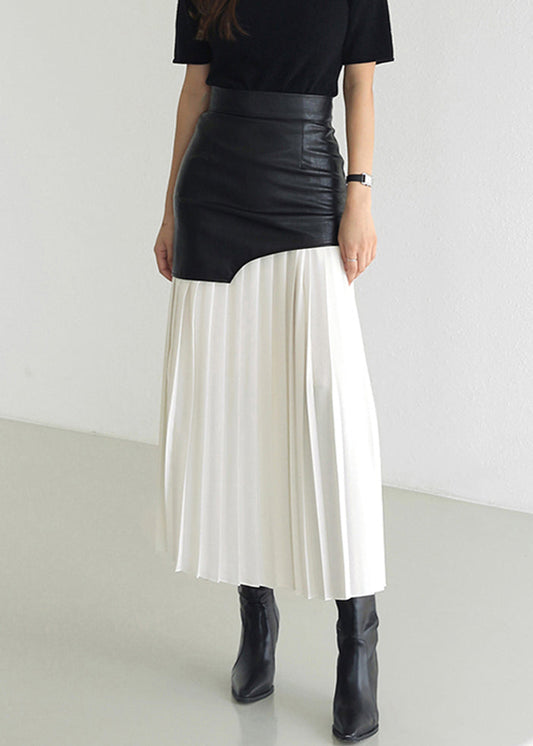 Wrinkled Faux Leather High Patchwork Waist Fit Skirt White Slim FashionChic