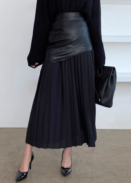 Wrinkled Faux Leather High Patchwork Waist Fit Skirt White Slim FashionChic