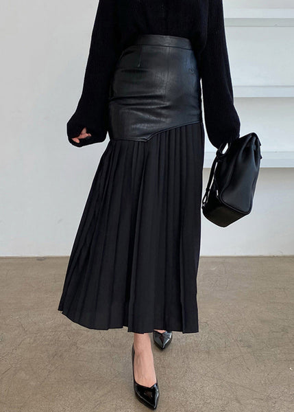 Wrinkled Faux Leather High Patchwork Waist Fit Skirt White Slim FashionChic