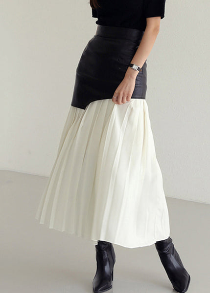 Wrinkled Faux Leather High Patchwork Waist Fit Skirt White Slim FashionChic