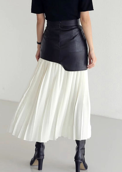 Wrinkled Faux Leather High Patchwork Waist Fit Skirt White Slim FashionChic