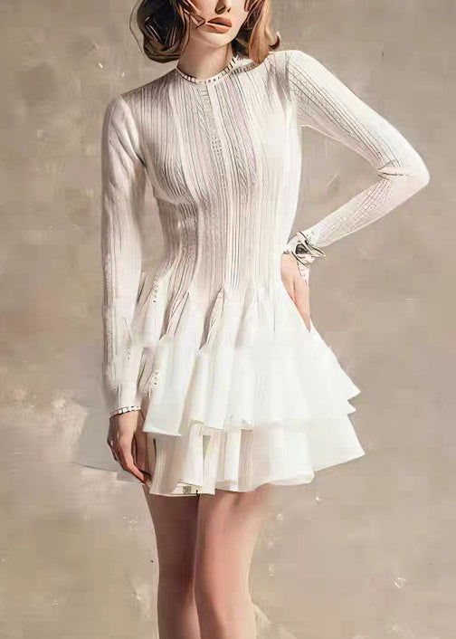 Zippered High Slim Waist Dress Lace Fall Fit White Mid FashionChic
